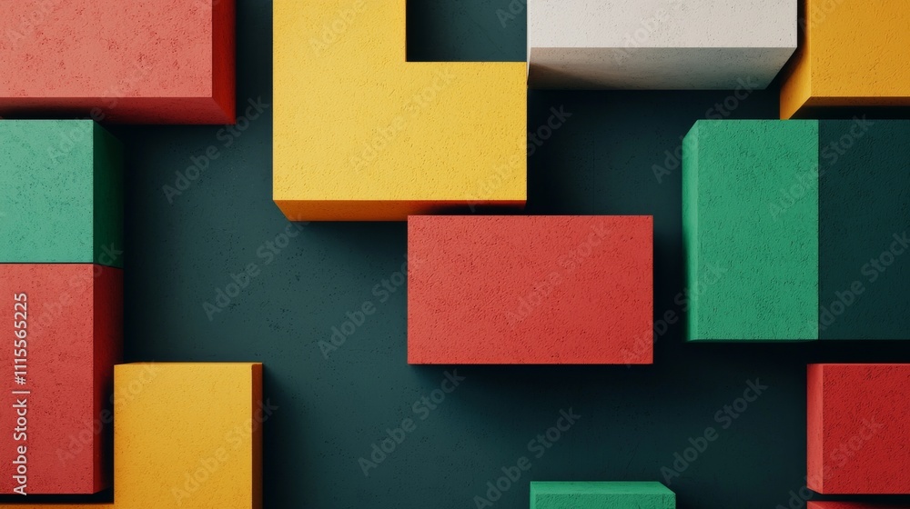 Poster colorful geometric blocks arranged on a dark surface, creating a playful and vibrant composition.