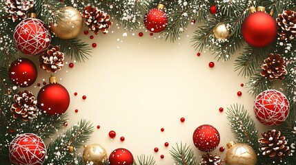 Top view of Christmas frame with branches and red baubles