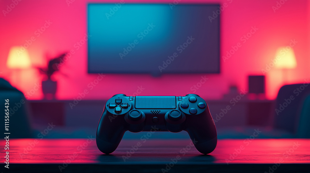 Poster a modern gaming controller sits on a table, illuminated by colorful ambient lighting, with a large t