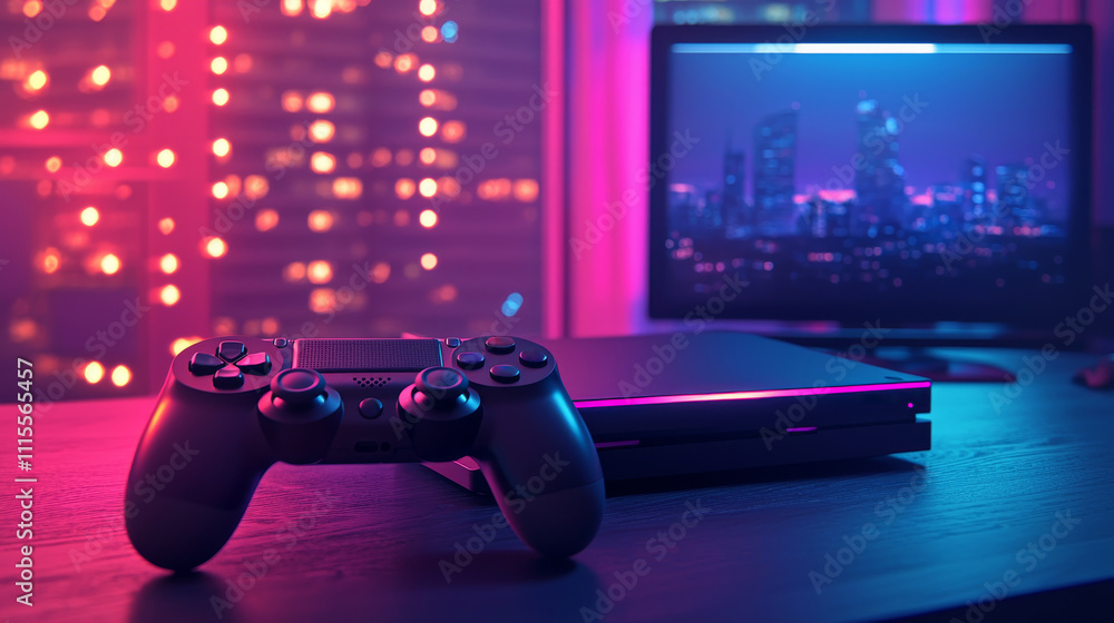 Poster a vibrant gaming setup featuring a controller and console, illuminated by colorful lights against a 