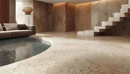 Modern interior design featuring minimalist staircase and indoor water feature in a spacious living area