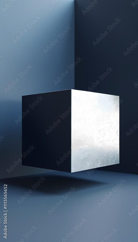 Poster abstract metallic cube suspended in a geometric blue environment with soft shadows and reflections