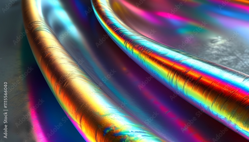 Poster dynamic reflections of vibrant colors on curved metallic surfaces capturing light intricately in an 