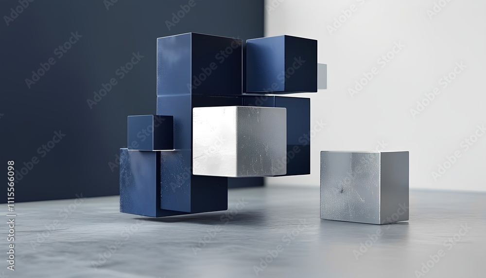 Poster floating geometric shapes in a modern interior design setting with contrasting colors and textures