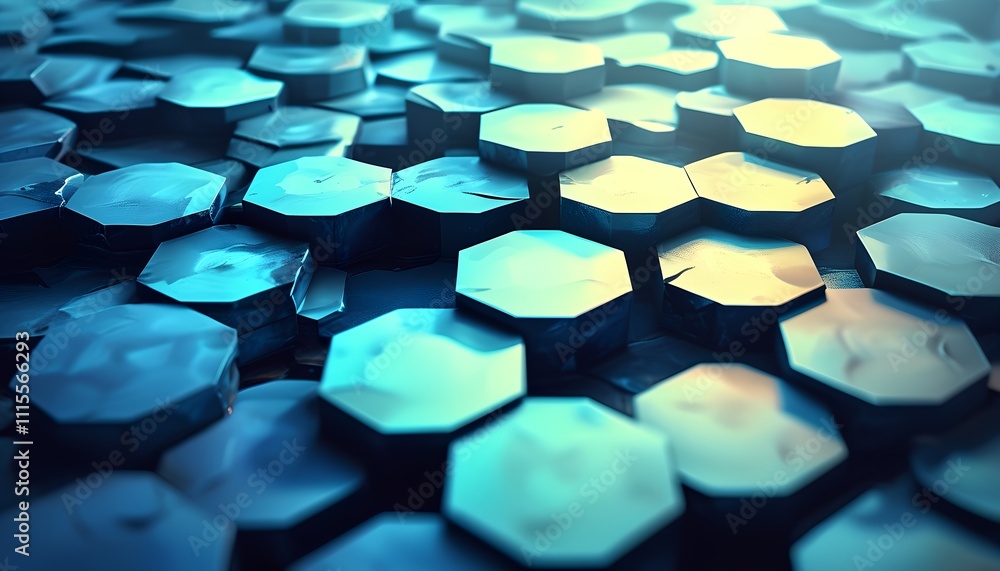 Poster intricate arrangement of hexagonal tiles reflecting light in vibrant blue tones, creating a modern a