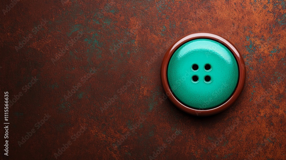 Poster a close-up of a turquoise button with four holes, placed on a textured rust-colored surface, creatin