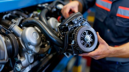 Obraz premium Skilled engine mechanic inspecting timing belt for wear and damage in a professional setting