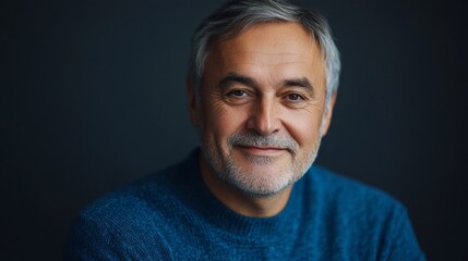Obraz premium A middle-aged man with grey hair and a genuine smile is captured in a cozy sweater against a dark background. His expression conveys happiness and approachability, creating a warm atmosphere