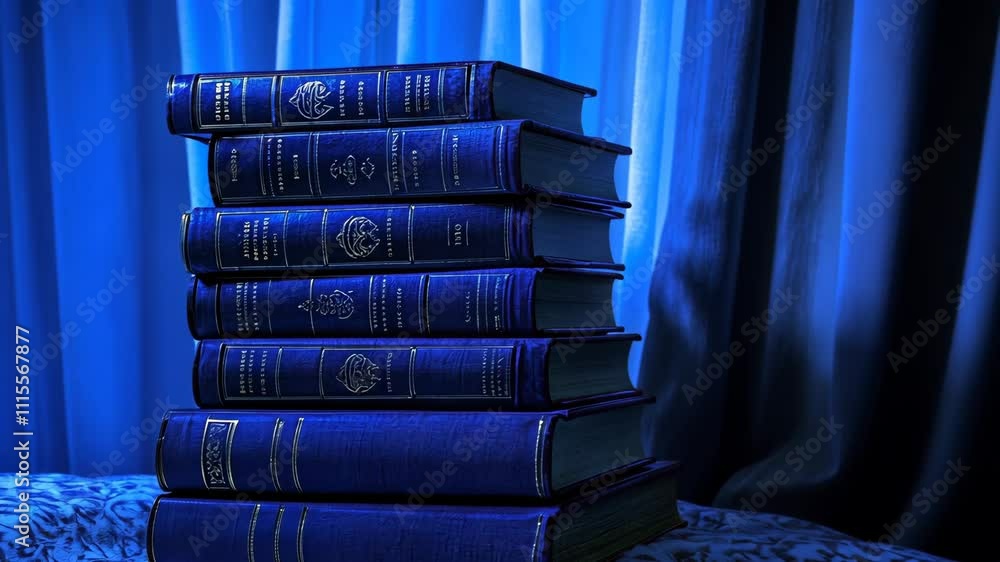 Poster stacked blue books illuminated by soft light creating a calming atmosphere in a cozy reading corner