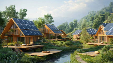 Obraz premium A solar-powered eco-lodge designed for remote eco-tourism destinations, providing energy-efficient accommodations while minimizing environmental impact and promoting sustainability.
