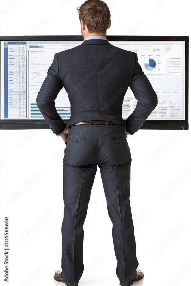 Poster businessman analyzing data on large display screen