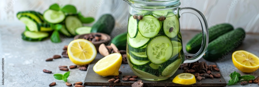 Poster a pitcher filled with sliced cucumbers lemon wedges and cacao beans ready to be filled with water fo