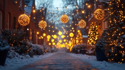 Fototapeta premium Snow-covered street with Christmas lights and decorations.