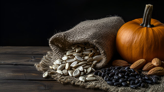 Fresh Pumpkin and Variety of Nuts and Seeds on Rustic Wooden Table, Halloween and Autumn Harvest Concept with Natural Elements in Dark Background