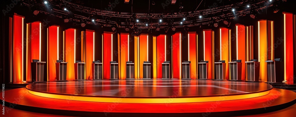 Poster a vibrant stage setup with illuminated columns in orange and yellow hues, showcasing a modern design
