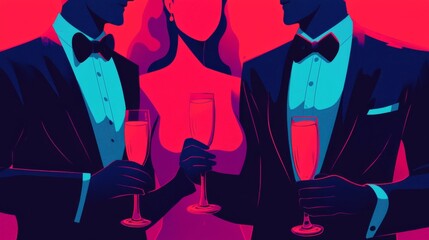 Two elegantly dressed individuals hold glasses in a vibrant, colorful setting, suggesting celebration and sophistication.