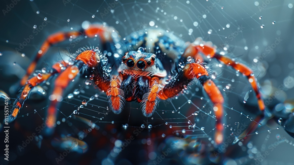 Wall mural close-up of a vibrant spider with intricate web and water droplets..
