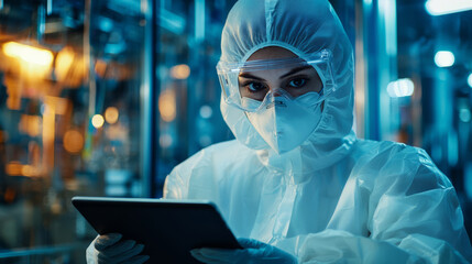 Portrait of female worker in protective gear using tablet in laboratory