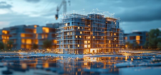 A modern building under construction with illuminated scaffolding.