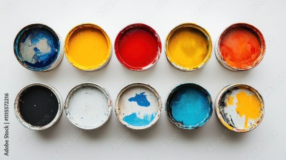 Poster a collection of open paint cans in various colors arranged in two rows.