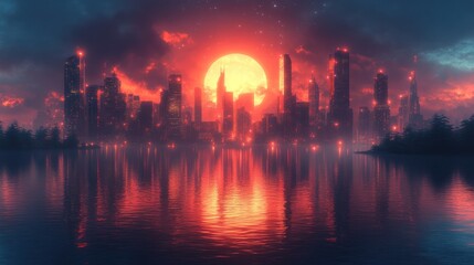Fototapeta premium Futuristic city skyline at sunset reflected in calm water.
