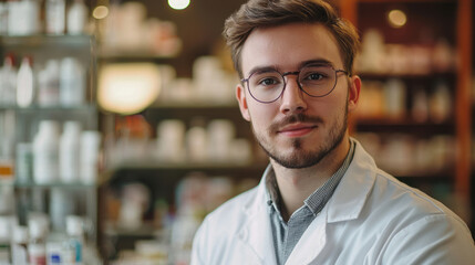 Fototapeta premium Confident young pharmacist in a modern pharmacy setting