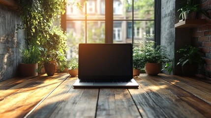Fototapeta premium Laptop on rustic wooden desk with plants and sunlight.