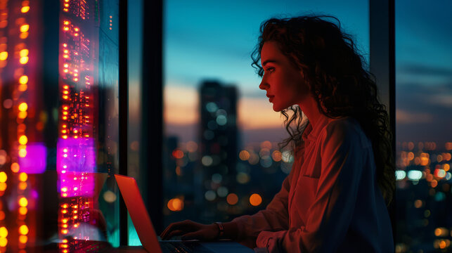 Professional female engineer analyzing data on laptop computer in office