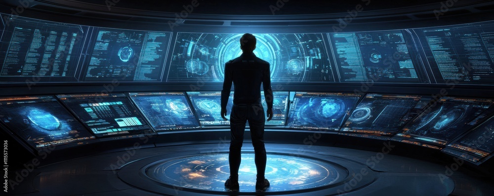 Poster a figure stands before a futuristic control panel filled with screens, immersed in a high-tech envir