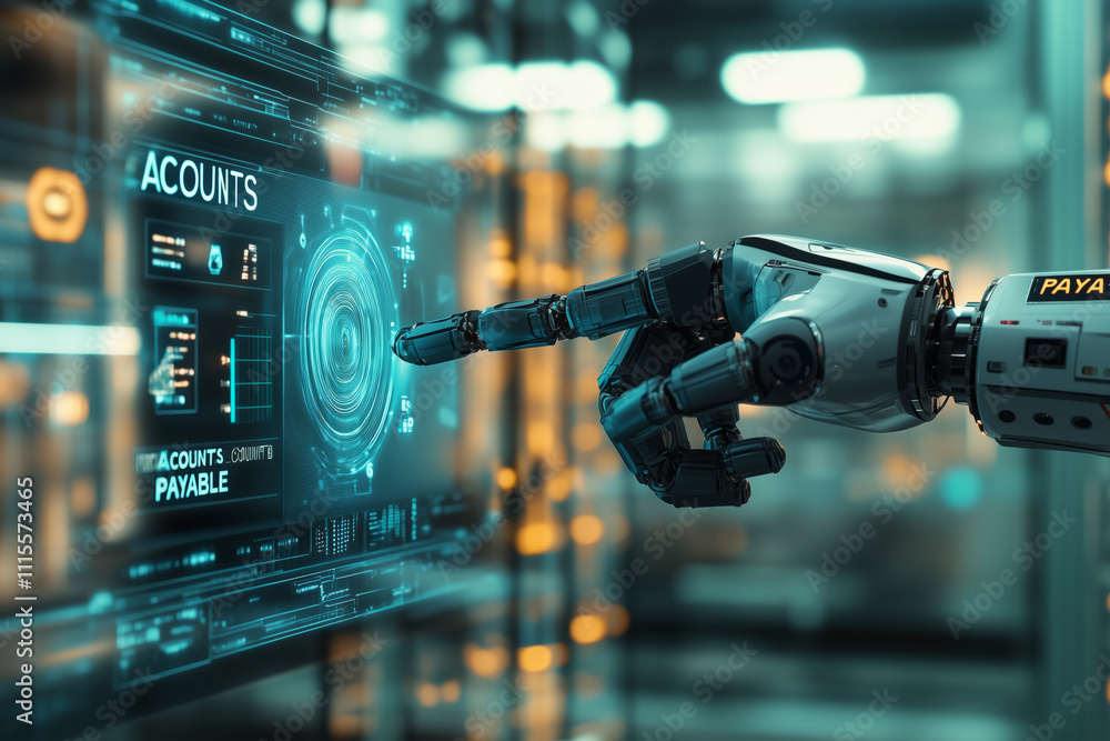 Poster Futuristic robotics interface with an artificial hand reaching for data display