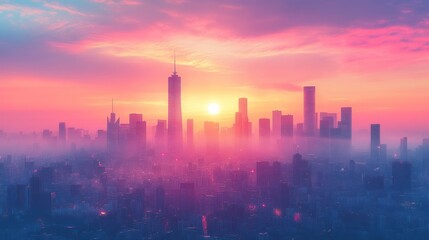 Vibrant sunrise cityscape shrouded in morning mist.