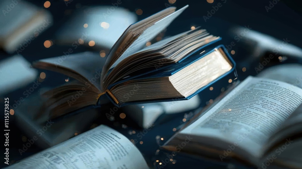 Poster an open book floats among scattered pages, illuminated by soft light, creating a magical and enchant