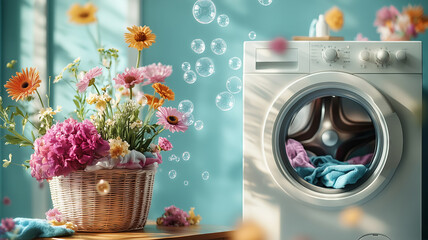 Bright and cheerful laundry room adorned with flowers and bubbles