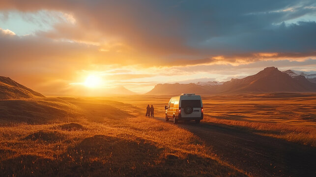 Couple enjoys scenic sunset view on a camper van road trip