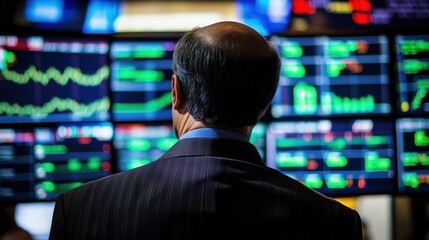 Fototapeta premium Stockbroker Analyzing Stock Market Data on Multiple Screens