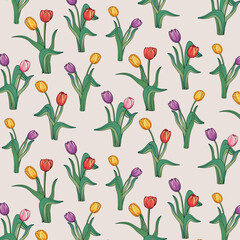Fototapeta premium Multi-colored tulips in a pattern.Vector seamless pattern with bouquets of multi-colored tulips.