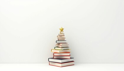 A creative stack of books arranged in the shape of a Christmas tree, topped with a star. The scene is captured in soft, light tones, creating a warm and festive atmosphere. Ideal for holiday-themed de