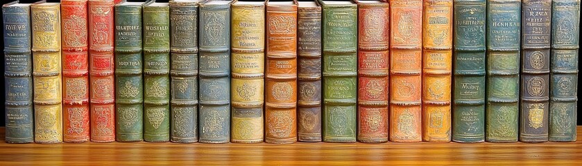 Fototapeta premium Vintage Collection of Colorful Leather-Bound Books Displayed on Wooden Shelf with Gold Detailing