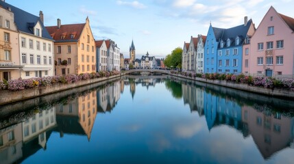 Obraz premium A European canal cruise during spring, with flower-lined bridges, pastel buildings reflected in the water, and travelers enjoying the scenic views 