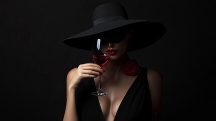 Elegant woman in a black dress with hat and wine glass