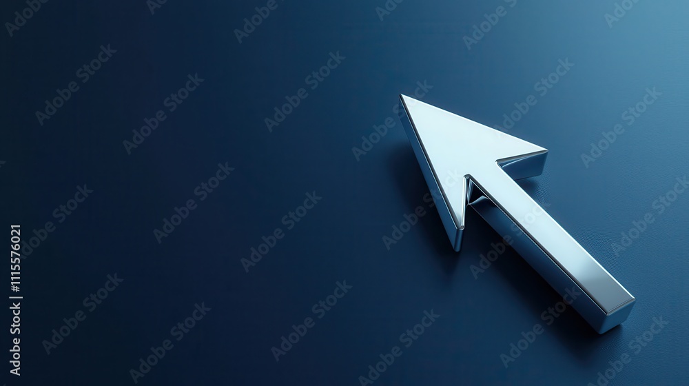 Poster shiny metallic arrow icon pointing upward on gradient blue background for digital design use