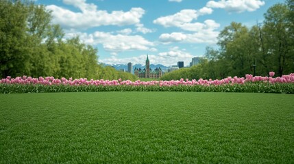 Fototapeta premium A green screen banner mockup in a vibrant public park in Ottawa, with tulips blooming and the Parliament buildings visible in the distance 