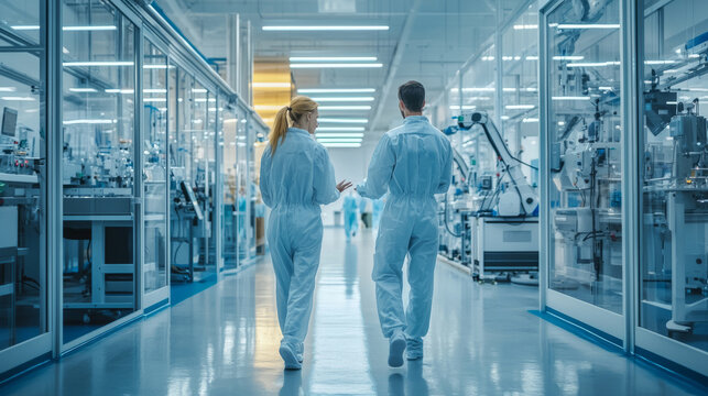 Two professionals in sterile coveralls walking through modern factory