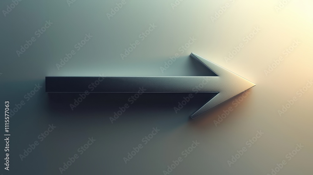 Poster metallic arrow pointing right abstract design on smooth background with soft lighting effects