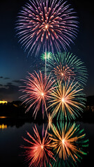 Obraz premium colorful fireworks in night sky with reflection. New Year and Christmas and festival celebration, Abstract holiday background, 300dpi