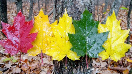 Colorful Maple Leaves Displaying Transition of Seasons on Tree Trunk in Autumn Forest Environment