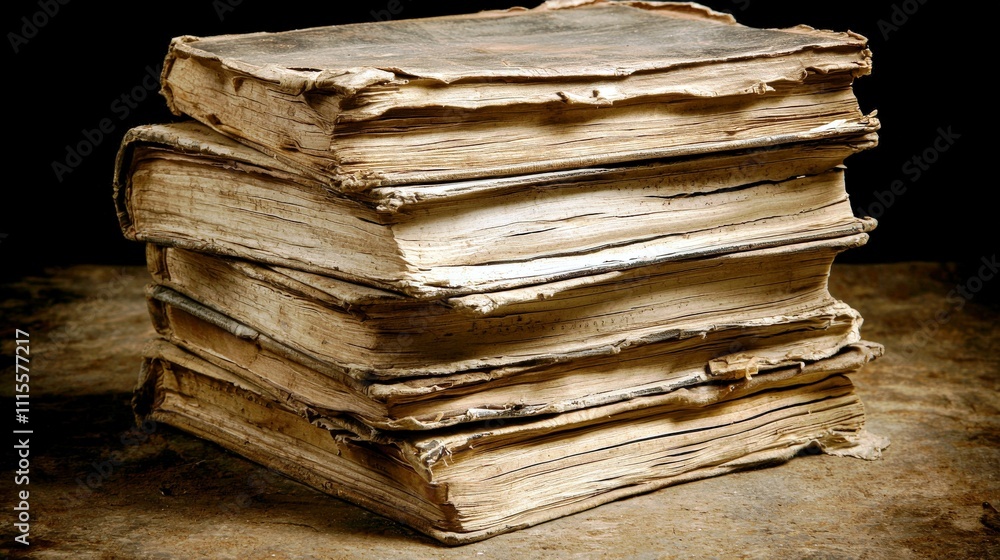 Poster old stacked books with weathered pages and vintage appearance on rustic surface in dim light
