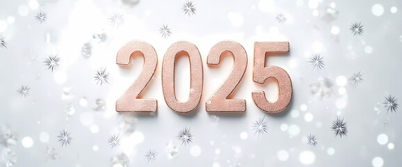 Rose gold 2025 numbers with sparkling snowflake accents on a soft white background, perfect for a minimalist holiday or New Year theme.