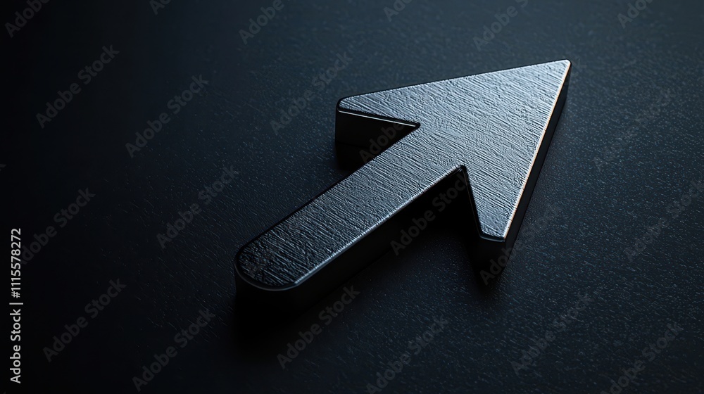 Poster metallic arrow symbol on dark surface with reflections and shadows for creative use