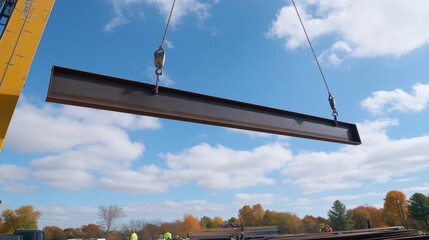A steel beam being lifted by a crane against a blue sky.